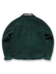 製品画像
「3ポケットデザインが特徴の本革ヌバックレザージャケット全体展示画像。ダークピーコックグリーンとオイルワックス加工された襟のバイカラーデザインが高級感を演出し、クラシックかつヴィンテージな風合いを備えた一着。3ポケット、本革、ヌバック、レザージャケット、ダークピーコックグリーン、オイルワックス加工、ヴィンテージデザイン。」

詳細画像
「本革ヌバックレザージャケットのダークピーコックグリーンとオイルワックス加工が施された襟部分のディテール特写。手作業による染色とエイジング加工が特徴で、滑らかな質感と繊細な起毛仕上げが一目でわかるデザイン。3ポケット、本革、ヌバック、レザージャケット、ダークピーコックグリーン、オイルワックス加工、ヴィンテージデザイン。」