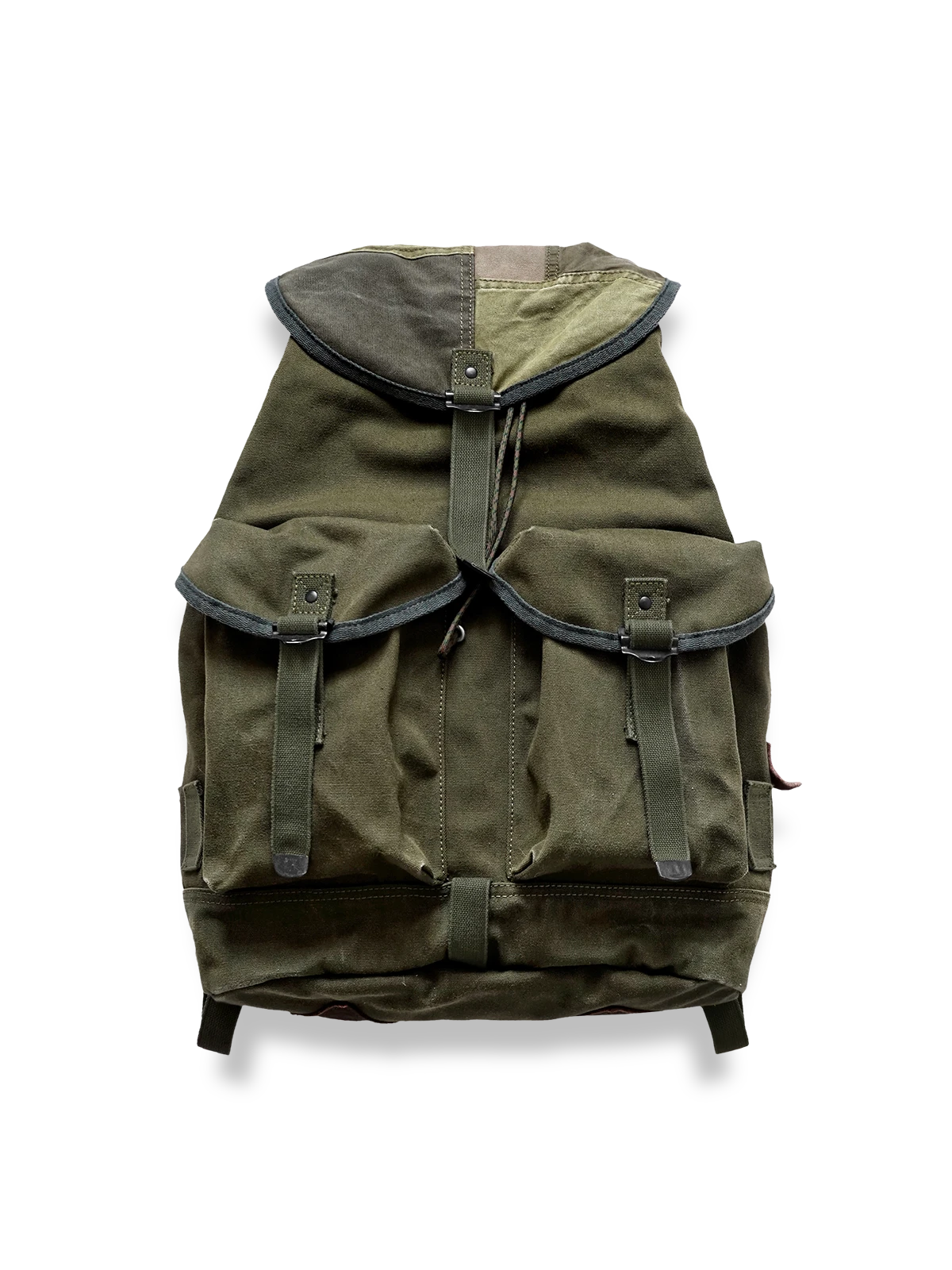 レトロなピンカラーキャンバスとレザーを組み合わせた登山リュックの全体図