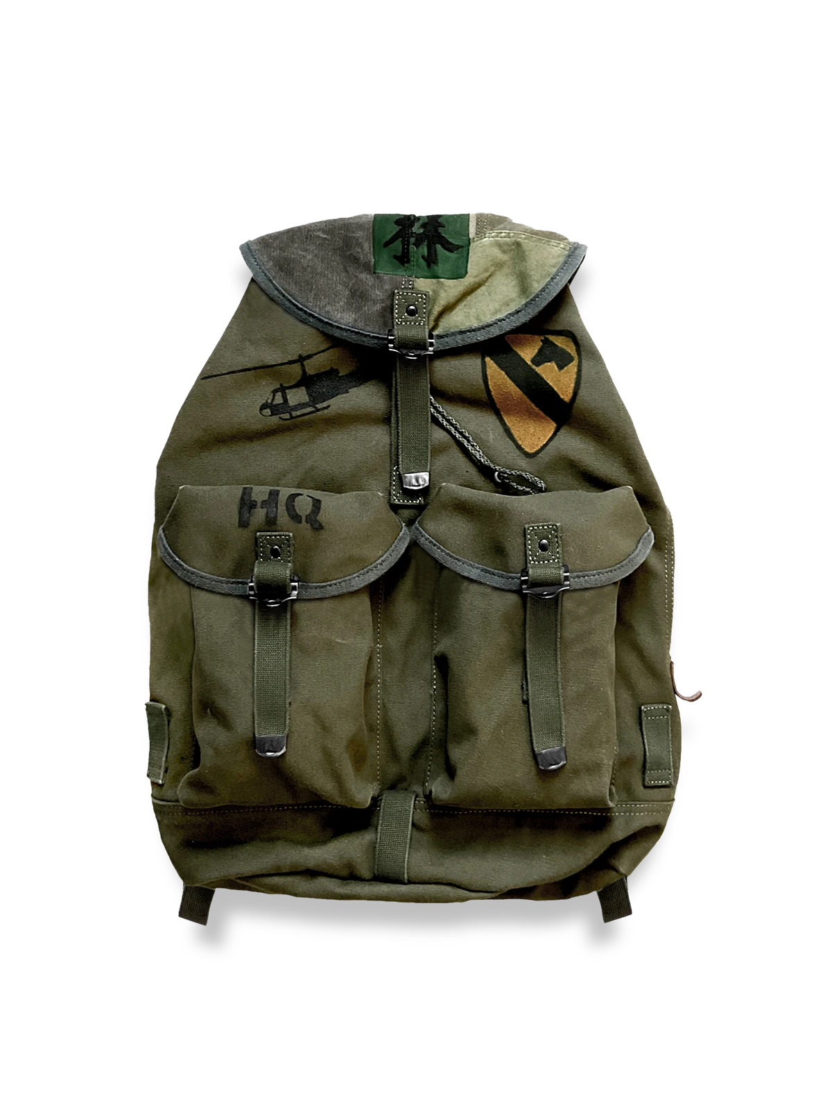 レトロなピンカラーキャンバスとレザーを組み合わせた登山リュックの全体図
