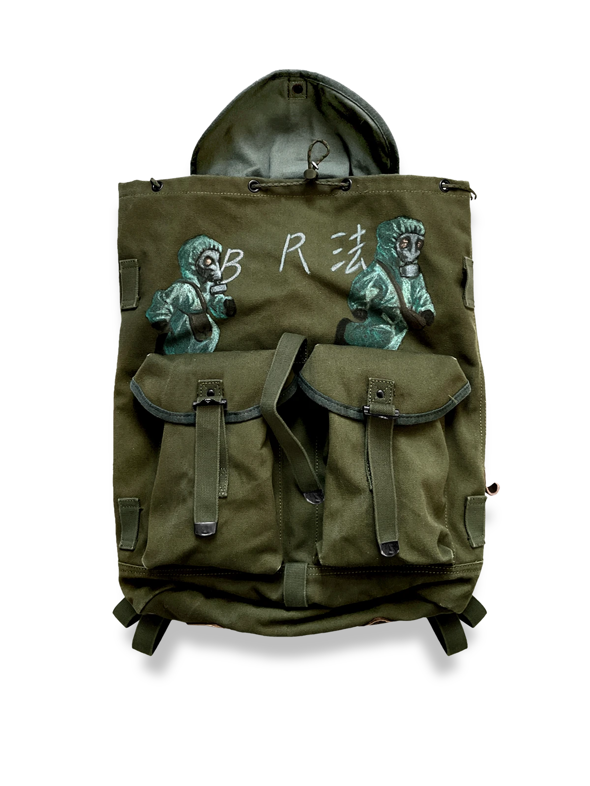 レトロなピンカラーキャンバスとレザーを組み合わせた登山リュックの全体図
