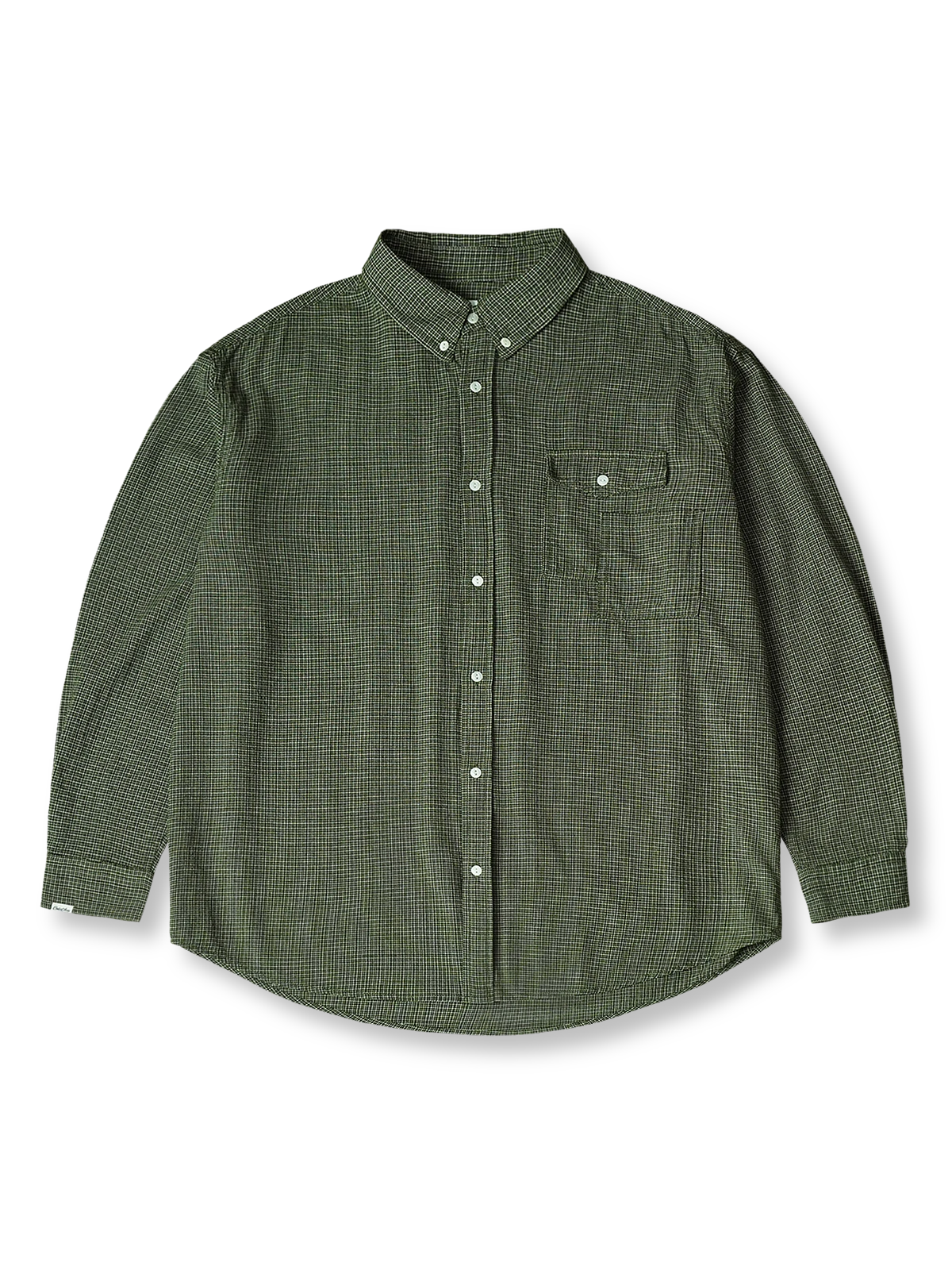 製品画像
「細かいチェック柄とパッチポケットデザインを特徴とする長袖シャツ全体イメージ。コットン100%生地の柔らかさと通気性、自然な落ち感が魅力。」

詳細画像
「胸元のユニークな配置のパッチポケットと立体感のあるチェック柄生地のディテールをクローズアップ。シワになりにくい特性も備えた高品質なコットン素材。」