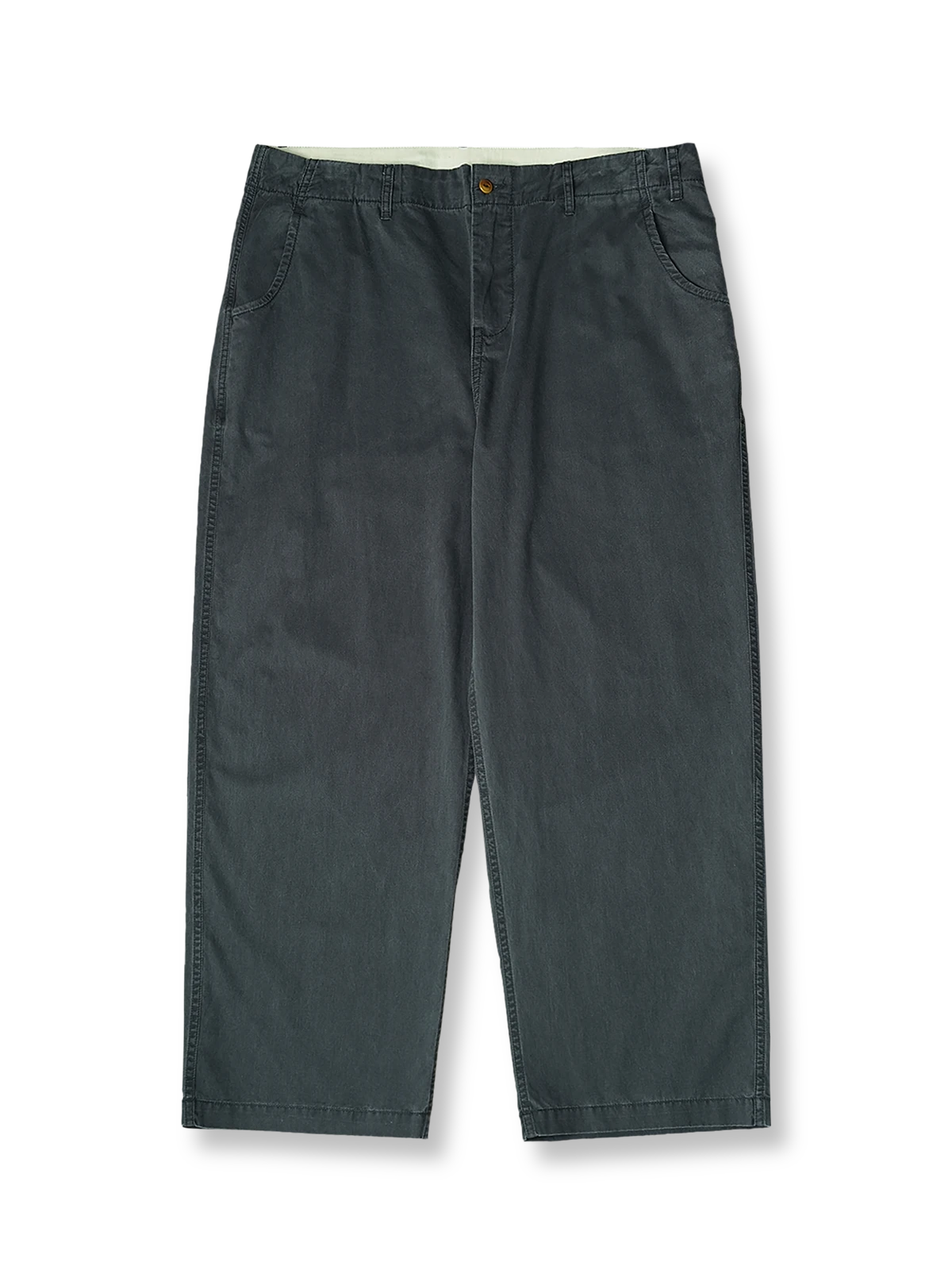 製品画像
「ヴィンテージ加工を施したスラブ織りテクスチャーパンツ全体イメージ。195gコットンスラブツイル生地とストーンウォッシュ加工による竹節模様が特徴。」

詳細画像
「スラブツイルの竹節模様とヘリンボーンパターンの切り替えデザインをクローズアップ。自然な色褪せ感とパイピング仕上げが高級感を引き立てるディテール。」
