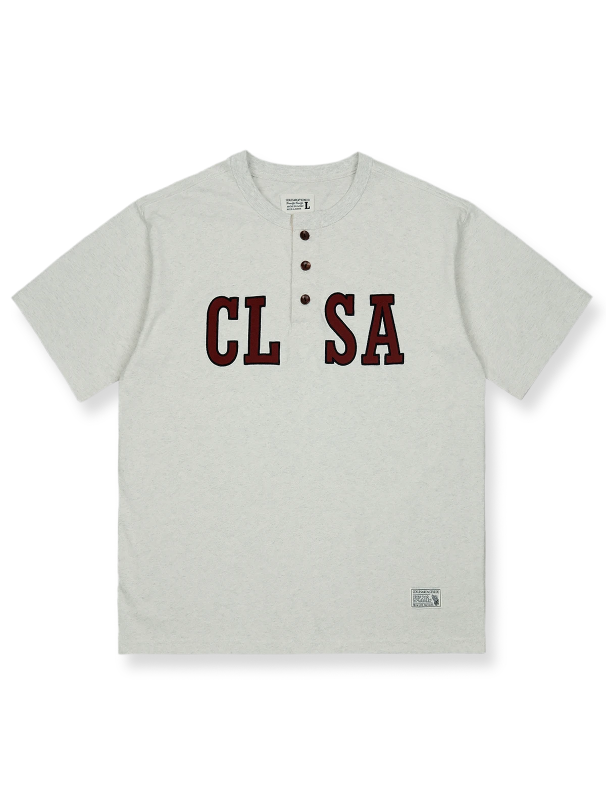 カラーブロックパッチワーク刺繍ヘンリーネックコットンTシャツ