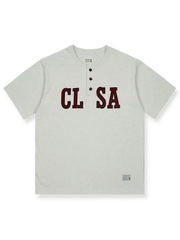 カラーブロックパッチワーク刺繍ヘンリーネックコットンTシャツ