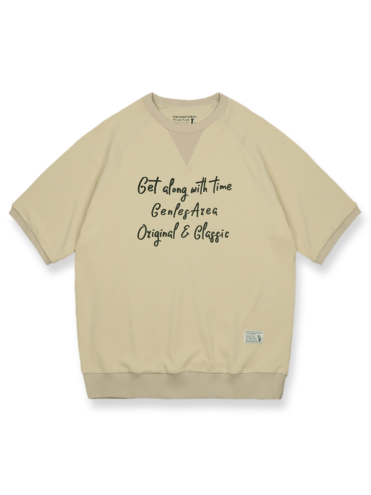 アメリカンレトロスタイルのワッフル格子模様のラグランスリーブ半袖Tシャツの正面ビュー。ネックラインに三角形の補強が施され、レトロなデザインが際立っています。