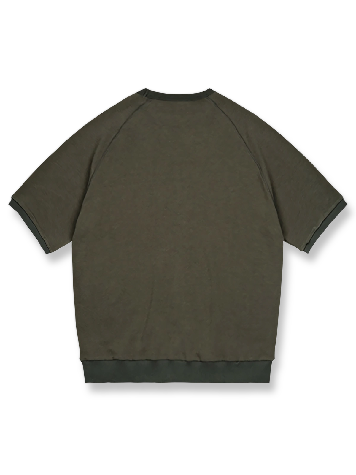 アメリカンレトロスタイルのワッフル格子模様のラグランスリーブ半袖Tシャツの正面ビュー。ネックラインに三角形の補強が施され、レトロなデザインが際立っています。