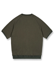 アメリカンレトロスタイルのワッフル格子模様のラグランスリーブ半袖Tシャツの正面ビュー。ネックラインに三角形の補強が施され、レトロなデザインが際立っています。