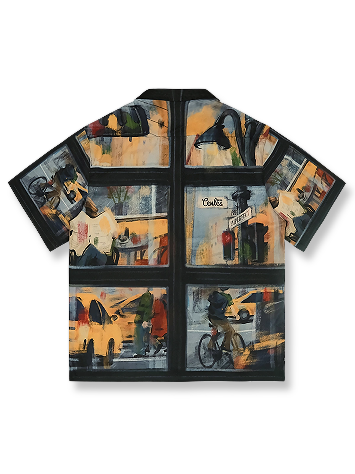 ゆったりしたシルエットの雨の日街景油画風ハワイアンシャツ。軽やかで通気性に優れたポリエステル混紡生地を使用し、各セクションで異なる雨中の街角と行人がデジタルプリントされています。