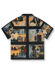 ゆったりしたシルエットの雨の日街景油画風ハワイアンシャツ。軽やかで通気性に優れたポリエステル混紡生地を使用し、各セクションで異なる雨中の街角と行人がデジタルプリントされています。