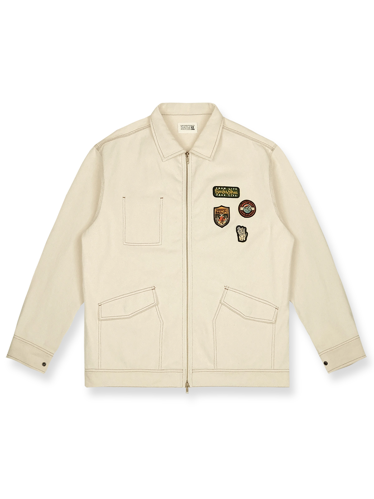 アメリカンヴィンテージ・エンブロイダリーバッジ付きショートジャケットの全体像を展示し、そのユニークなデザインと色合いが強調されています。