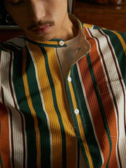 プルオーバー スタンドカラー ストライプ 半袖シャツ