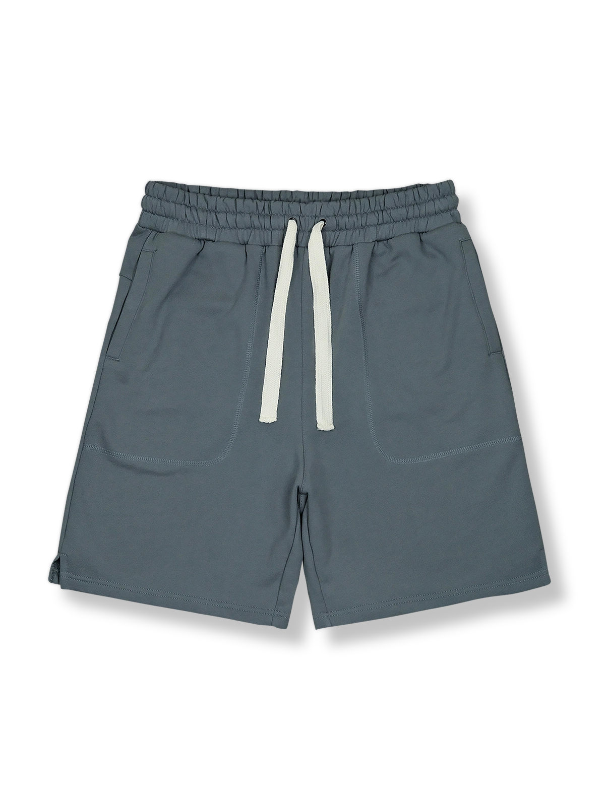 ヘビーニットスポーツショーツの正面全体図、グレーの色を展示