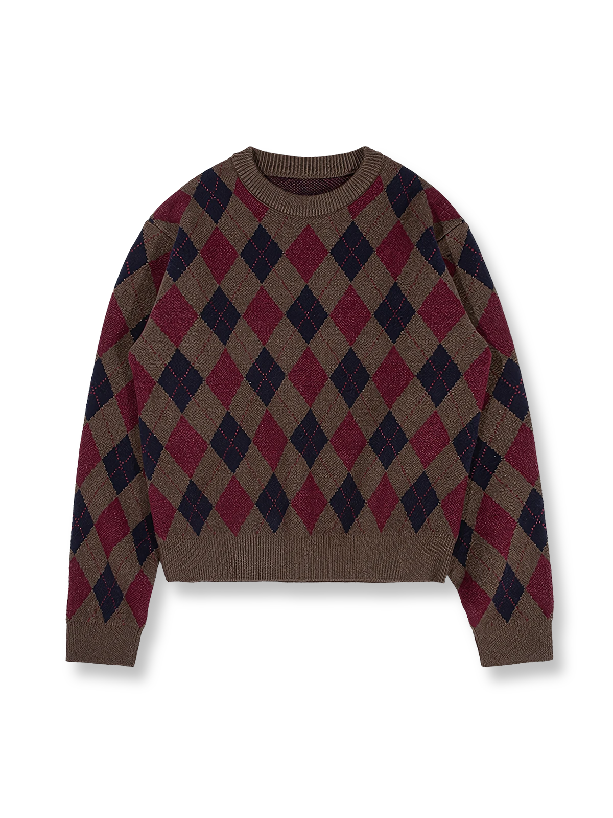 製品画像: クラシックなダイヤ柄と柔らかな混紡素材を使用したクルーネックニットの正面全体画像。シンプルで上品なデザインが特徴的な一着。

詳細画像: ダイヤ柄の滑らかな編み地のディテールクローズアップ画像。軽量で柔らかい混紡素材が持つ快適さと暖かさを示す。