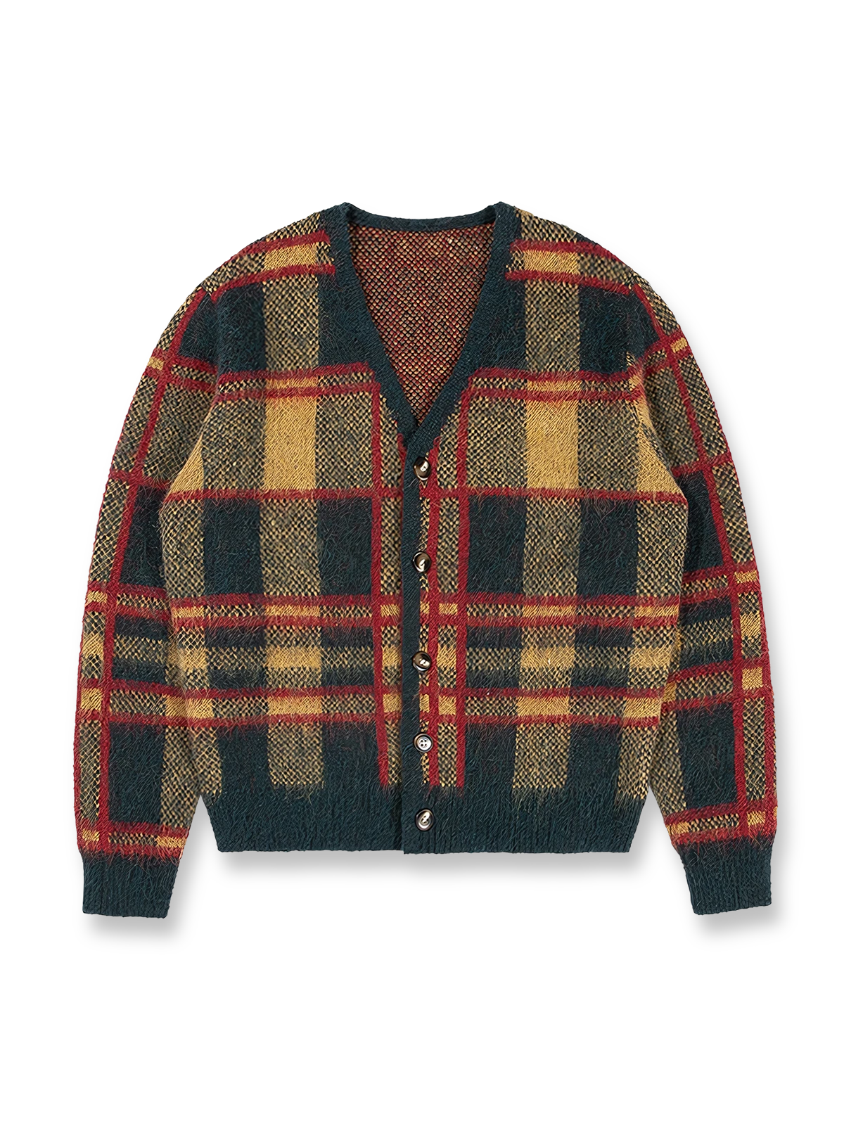 製品画像: クラシックなチェック柄モヘアVネックカーディガンの正面全体画像
詳細画像: モヘア特有のふんわりとした毛羽立ちとボタンディテールのクローズアップ画像