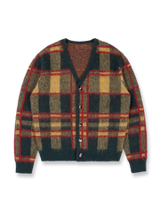 製品画像: クラシックなチェック柄モヘアVネックカーディガンの正面全体画像
詳細画像: モヘア特有のふんわりとした毛羽立ちとボタンディテールのクローズアップ画像