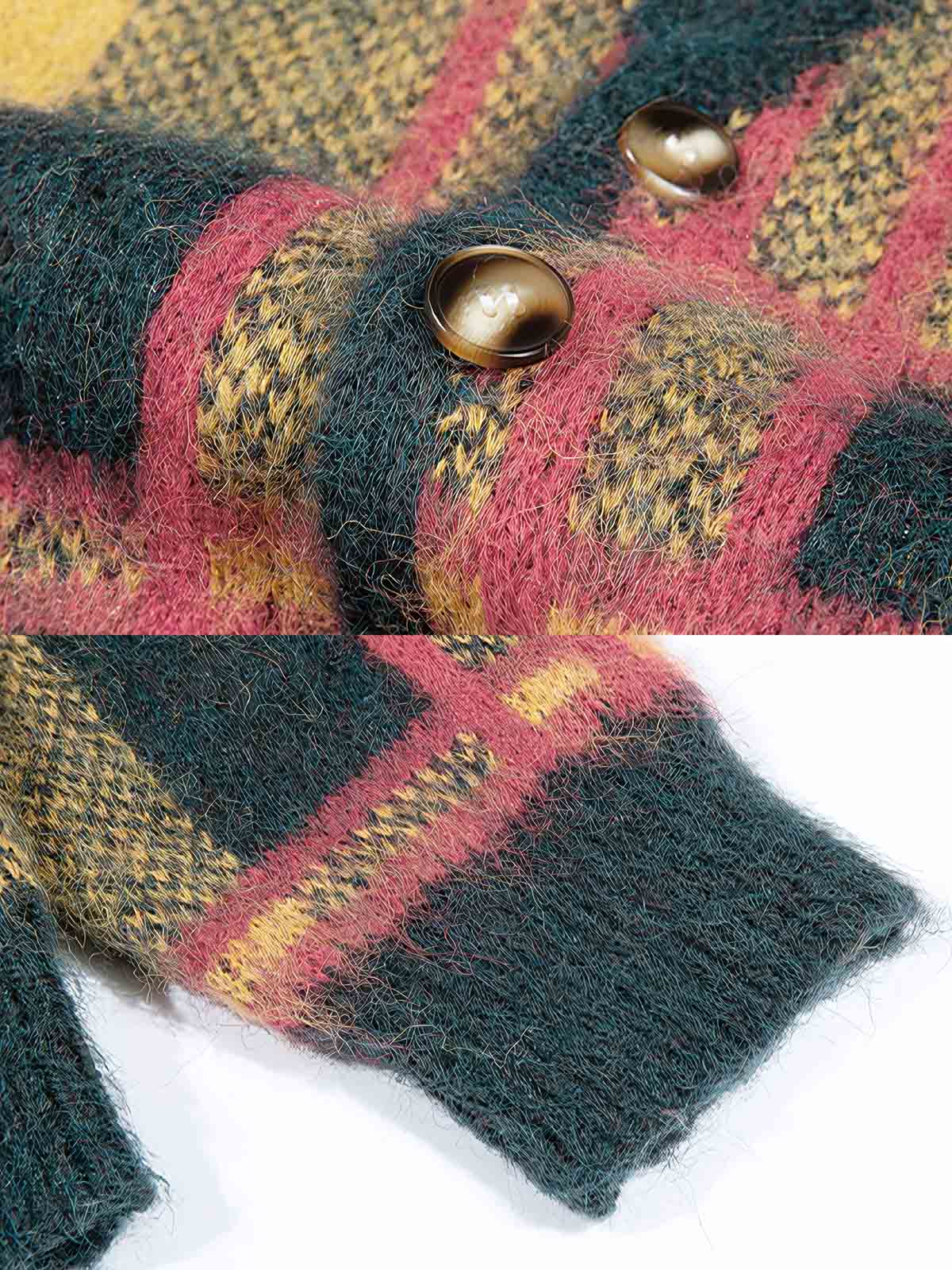 製品画像: クラシックなチェック柄モヘアVネックカーディガンの正面全体画像
詳細画像: モヘア特有のふんわりとした毛羽立ちとボタンディテールのクローズアップ画像