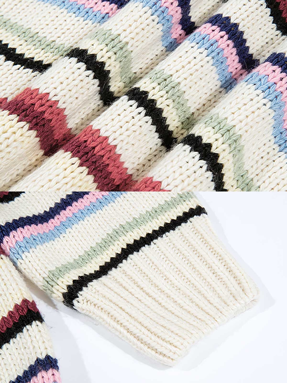 製品画像: レトロなカラフルストライプデザインのクルーネックニットの正面全体画像。鮮やかなストライプ柄が目を引き、秋冬のコーディネートに最適なアイテム。

詳細画像: 鮮やかなカラフルストライプ配色と、柔らかなアクリル素材の滑らかな質感を示すディテールクローズアップ画像。ストライプの色使いと生地の質感が際立つ。