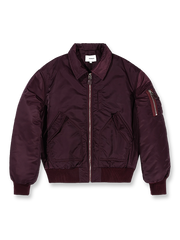 製品画像: 深みのあるバーガンディカラーが映えるヴィンテージ風ショート丈フライトジャケットの正面画像
詳細画像: 防寒性を高めるリブ袖口とデザイン性のあるジッパーポケットのディテール画像