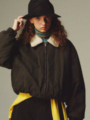 詳細画像: 柔らかなボア襟部分と、中綿構造の裏地を映したディテールクローズアップ画像。保温性を高める立体感のある仕上がりが際立つ。

モデル画像: ボア襟付きワーク中綿ジャケットを着用したモデルの冬のコーディネート例。デニムやワークパンツと合わせたヴィンテージ感漂うカジュアルスタイルを表現。