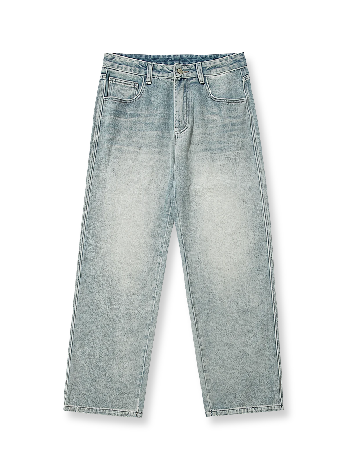 製品画像: ウォッシュド加工とヒゲ加工を施したストレートデニムパンツ全体展示、アメリカンヴィンテージスタイルのディテールが際立つデザイン
詳細画像: ヒゲ加工とウォッシュド加工のディテールクローズアップ、自然な色褪せ感とヴィンテージ感を強調
