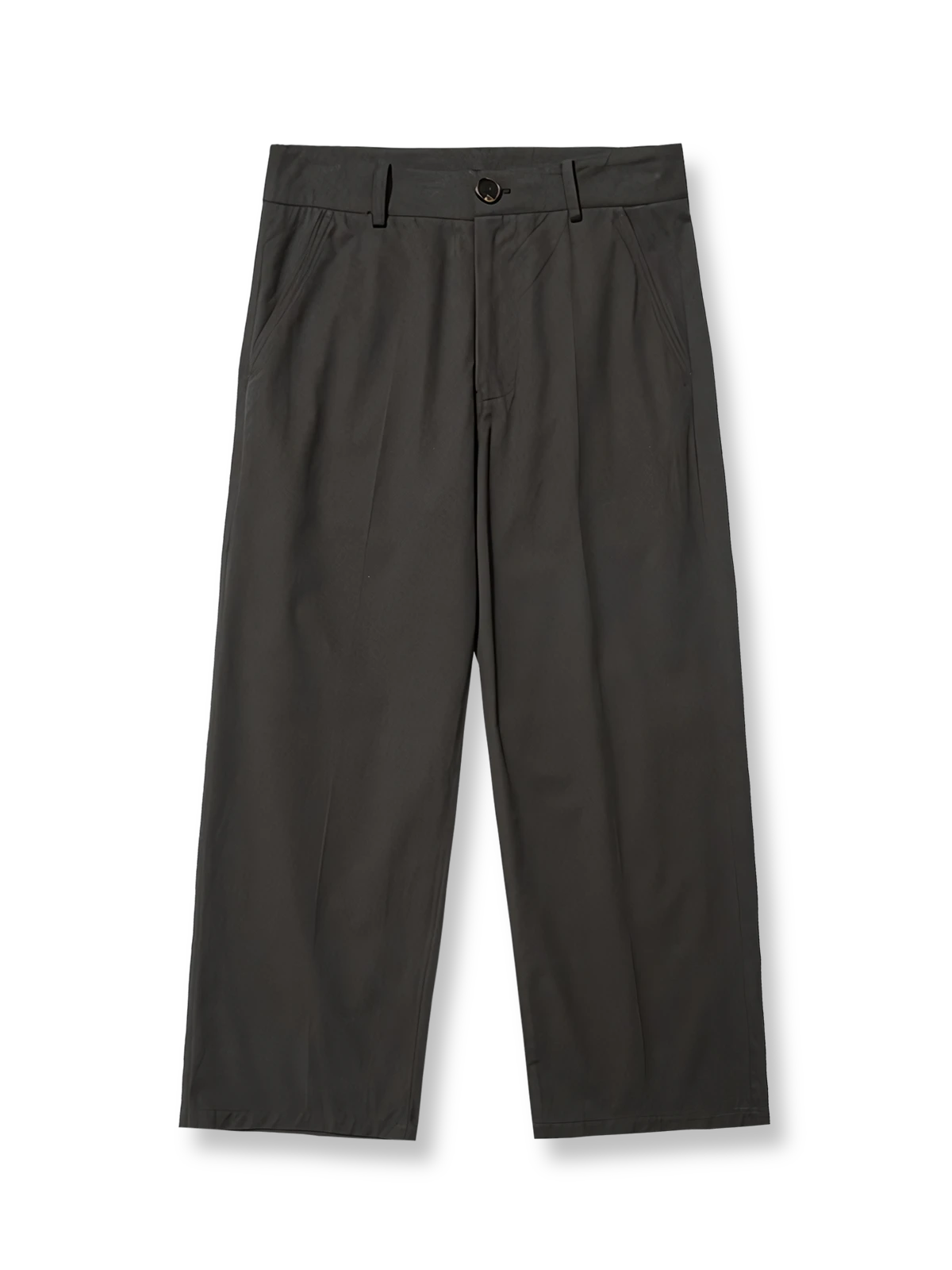 製品画像: クラシックな前中プリーツデザインとドレープ感のあるワイドレッグカットを特徴としたヴィンテージスタイルのスラックス全体展示、100%コットン素材使用
詳細画像: 前中プリーツデザインとハイウエストディテールのクローズアップ、優雅なドレープ感と流れるようなラインを強調