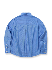 製品画像: ヴィンテージ風ストライプと刺繍デザインを特徴とする長袖シャツ全体展示、ウォッシュ加工を施した柔らかな質感とルーズフィットデザイン
詳細画像: ストライプパターンと胸部の精巧な刺繍ディテールのクローズアップ、ヴィンテージ風のテクスチャーが際立つ