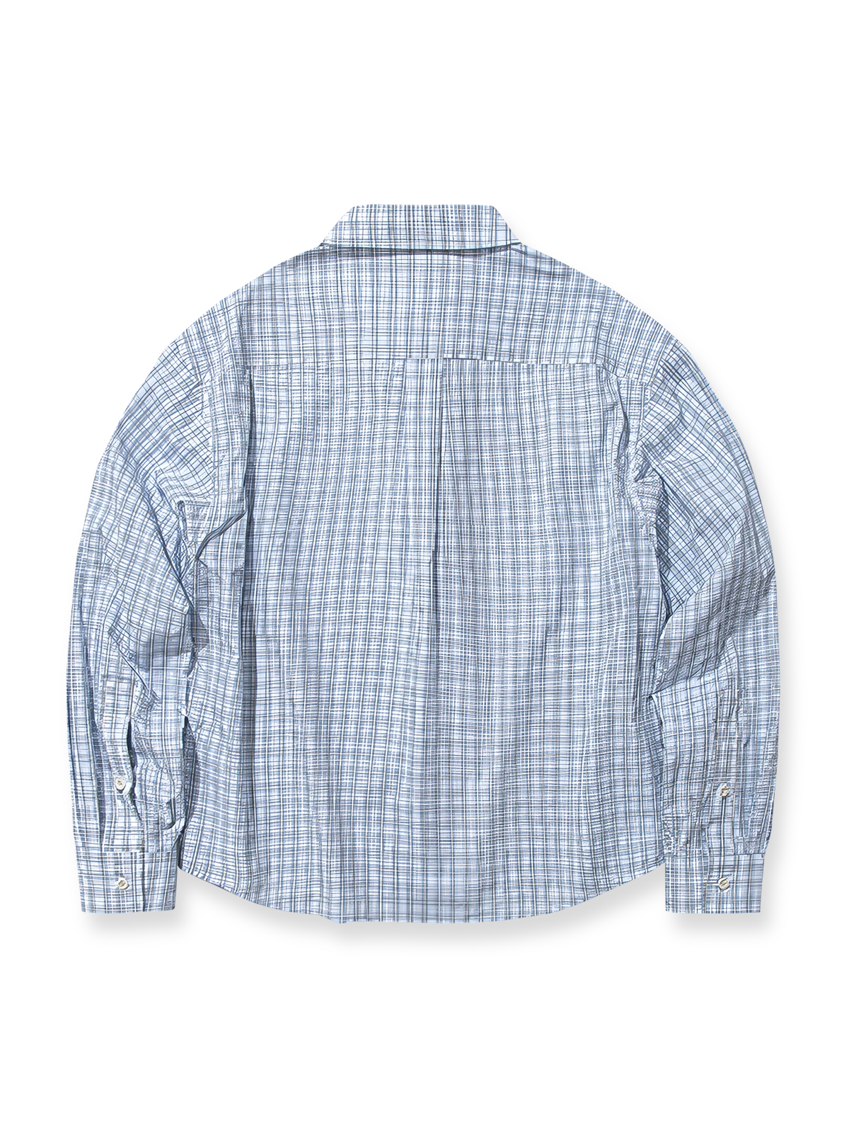 製品画像: インテリ風のチェック柄デザインとネクタイディテールが特徴の100%コットンシャツ全体展示、優雅でヴィンテージ感あふれるスタイル
詳細画像: チェック柄の細部とネクタイデザインのクローズアップ、インテリ風のディテールが強調された部分