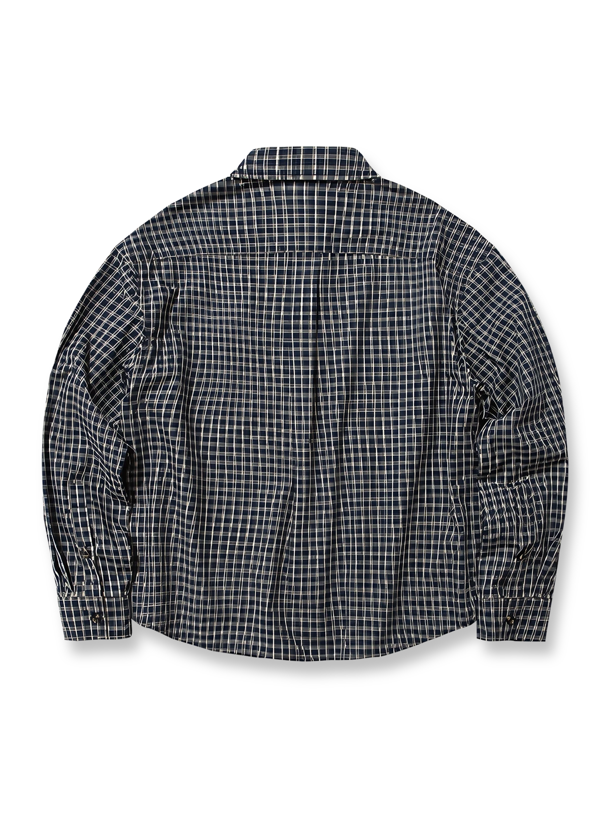 製品画像: クラシックなチェック柄デザインとショート丈シルエットが特徴の長袖シャツ全体展示、100%コットン素材使用、シンプルでモダンなスタイル

詳細画像: チェック柄と胸部ポケットのユニークなディテール特写、柔らかな肌触りと通気性を強調したコットン素材