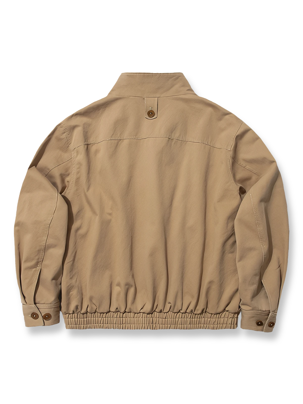 製品画像: ドレーピング（立体裁断）技法を活かしたスタンドカラーのワークジャケット全体展示、サンドウォッシュ加工とコーマコットン素材を使用したヴィンテージ感のあるデザイン

詳細画像: ドレーピングカットによる立体感、スタンドカラーのディテール、大容量ポケットのクローズアップ