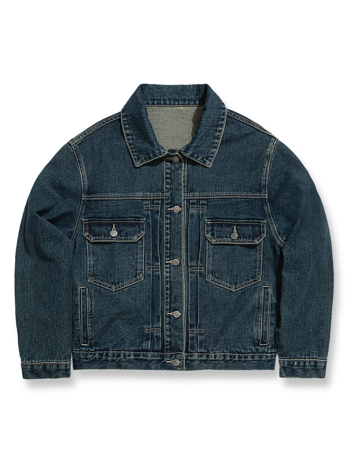 製品画像: クラシックなウォッシュド加工と立体プリーツデザインを融合させたレトロショートデニムジャケット全体展示、アメリカンヴィンテージスタイルのディテールが際立つ
詳細画像: 胸部ポケットと立体プリーツデザインのディテール特写、ウォッシュド加工による自然なエイジング感と層次感を強調