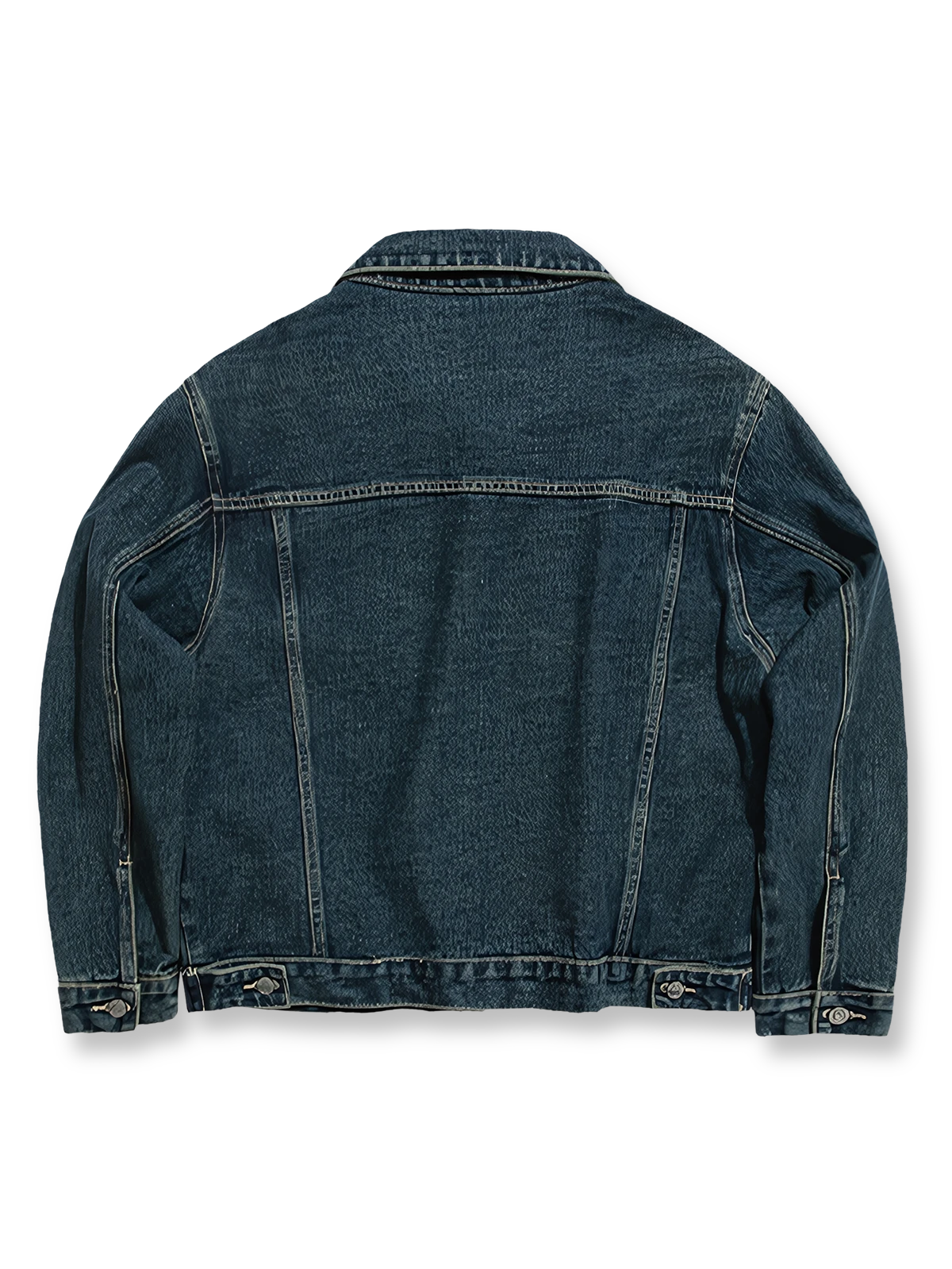 製品画像: クラシックなウォッシュド加工と立体プリーツデザインを融合させたレトロショートデニムジャケット全体展示、アメリカンヴィンテージスタイルのディテールが際立つ
詳細画像: 胸部ポケットと立体プリーツデザインのディテール特写、ウォッシュド加工による自然なエイジング感と層次感を強調