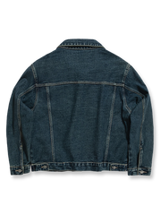 製品画像: クラシックなウォッシュド加工と立体プリーツデザインを融合させたレトロショートデニムジャケット全体展示、アメリカンヴィンテージスタイルのディテールが際立つ
詳細画像: 胸部ポケットと立体プリーツデザインのディテール特写、ウォッシュド加工による自然なエイジング感と層次感を強調