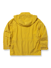 製品画像: シワ加工とウォッシュ加工を融合させたアメリカンヴィンテージスタイルのマウンテンパーカー全体展示、ルーズフィットデザインとフード付き
詳細画像: シワ加工とウォッシュ加工によるヴィンテージ感のあるディテール、ジッパーとボタンディテールのクローズアップ、ウエストのドローコード調整部分