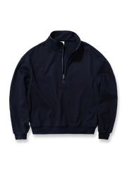 製品画像: エコレザーパイピング スタンドカラーハーフジップスウェットの全体展示。Boxyシルエットとレトロスタイルが融合し、エコレザーパイピングで高級感をプラスしたデザイン。シンプルでありながらも、レトロ感と快適さを兼ね備えています。

詳細画像: スタンドカラーとレザーパイピングのディテール特写。エコレザーの質感とハーフジップのディテールが強調され、デザイン性と実用性を高めています。