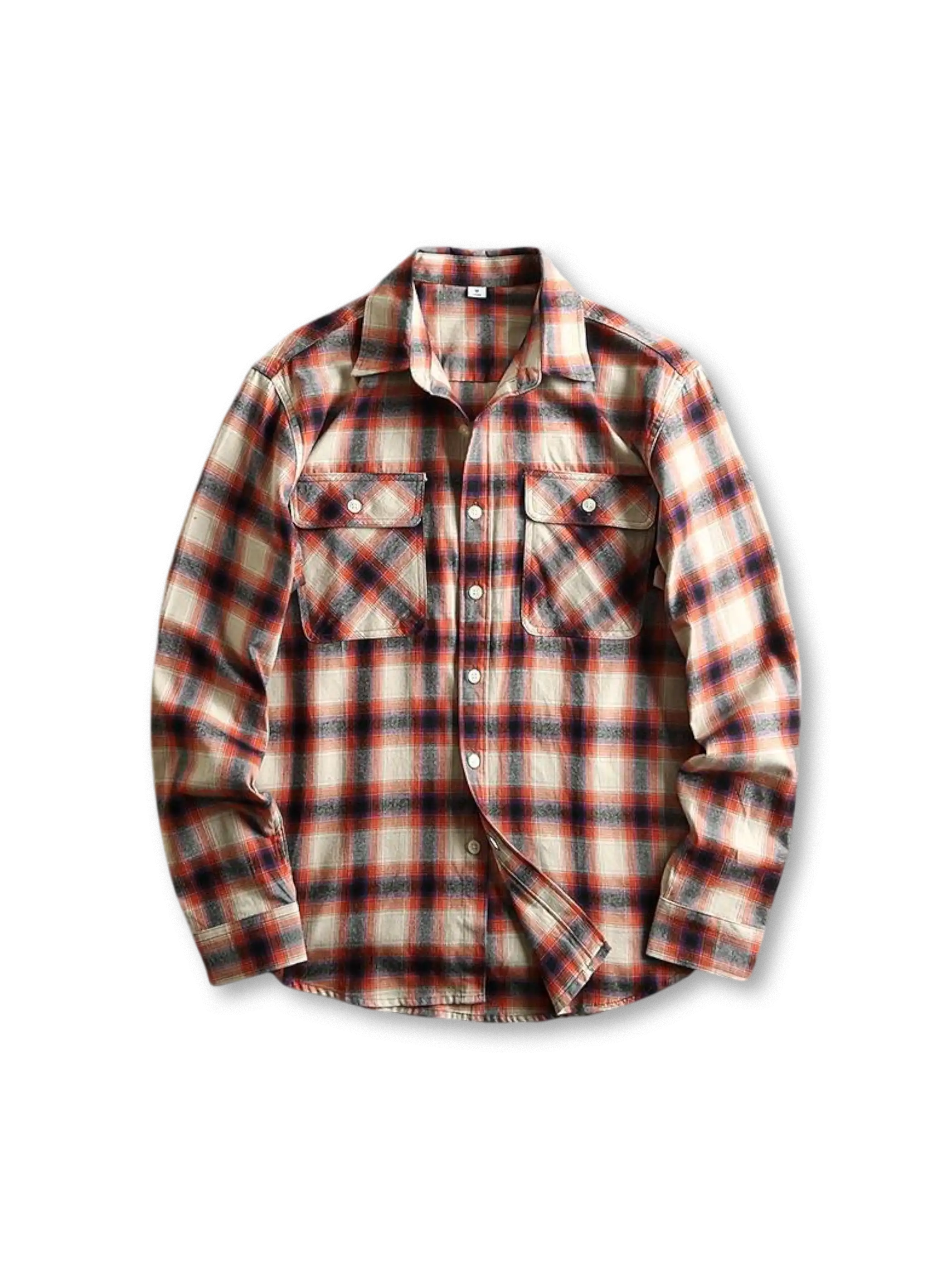 ヴィンテージ風のチェック柄シャツ、フロントに左右対称のフラップポケットがある