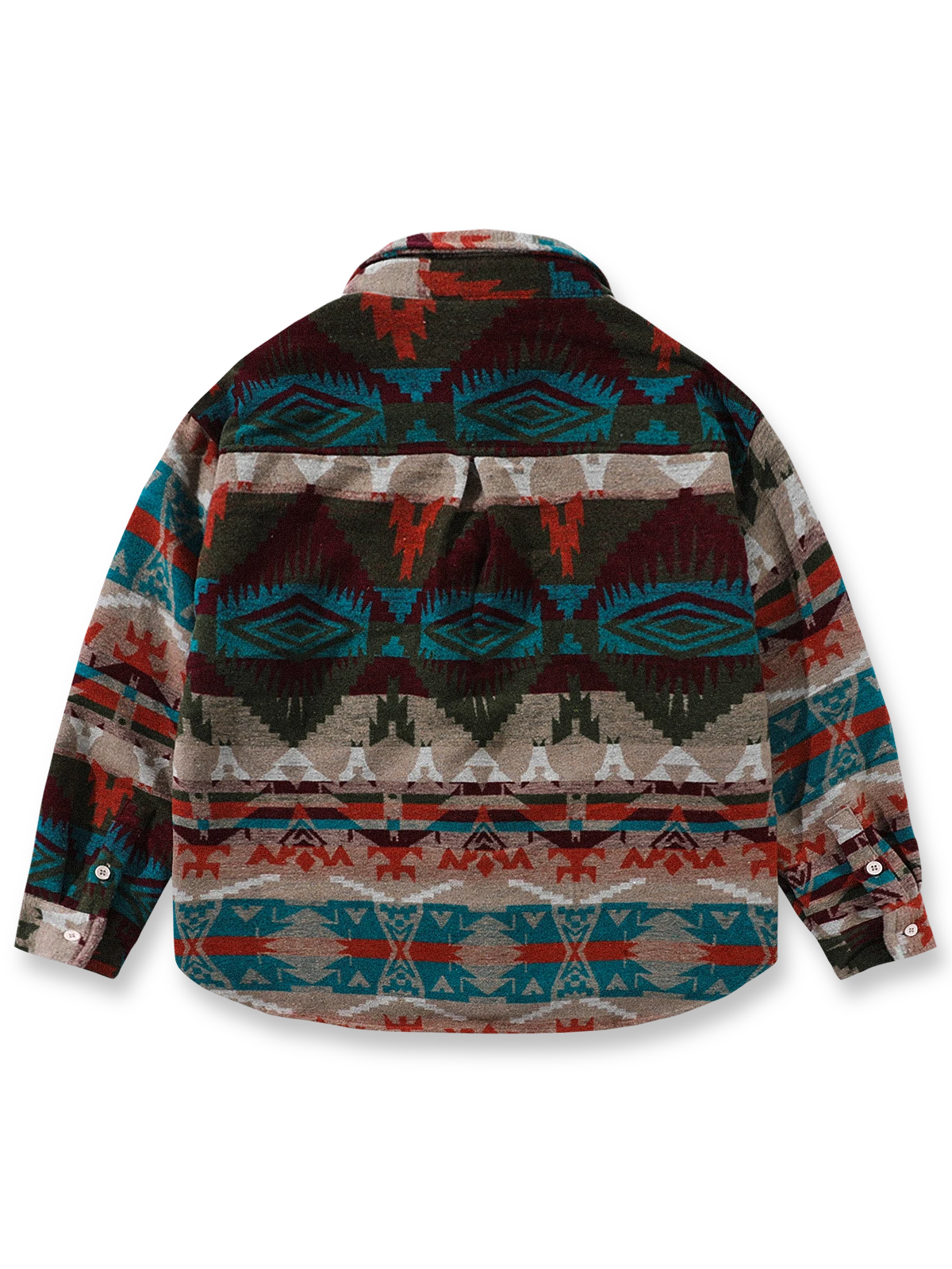 製品画像: ナバホ柄ジャカード織りウール長袖シャツの正面展示画像、厚手ウール素材で暖かさを提供し、クラシックなナバホ柄デザインが特徴的なシャツ。

詳細画像: ナバホ柄ジャカード織りのディテールアップ、独特の質感と民族的な雰囲気を強調したデザイン。