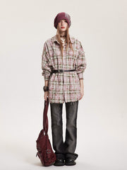 レトロチェック綿ターンダウンカラーシャツ
