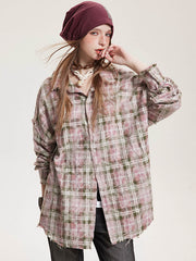 レトロチェック綿ターンダウンカラーシャツ