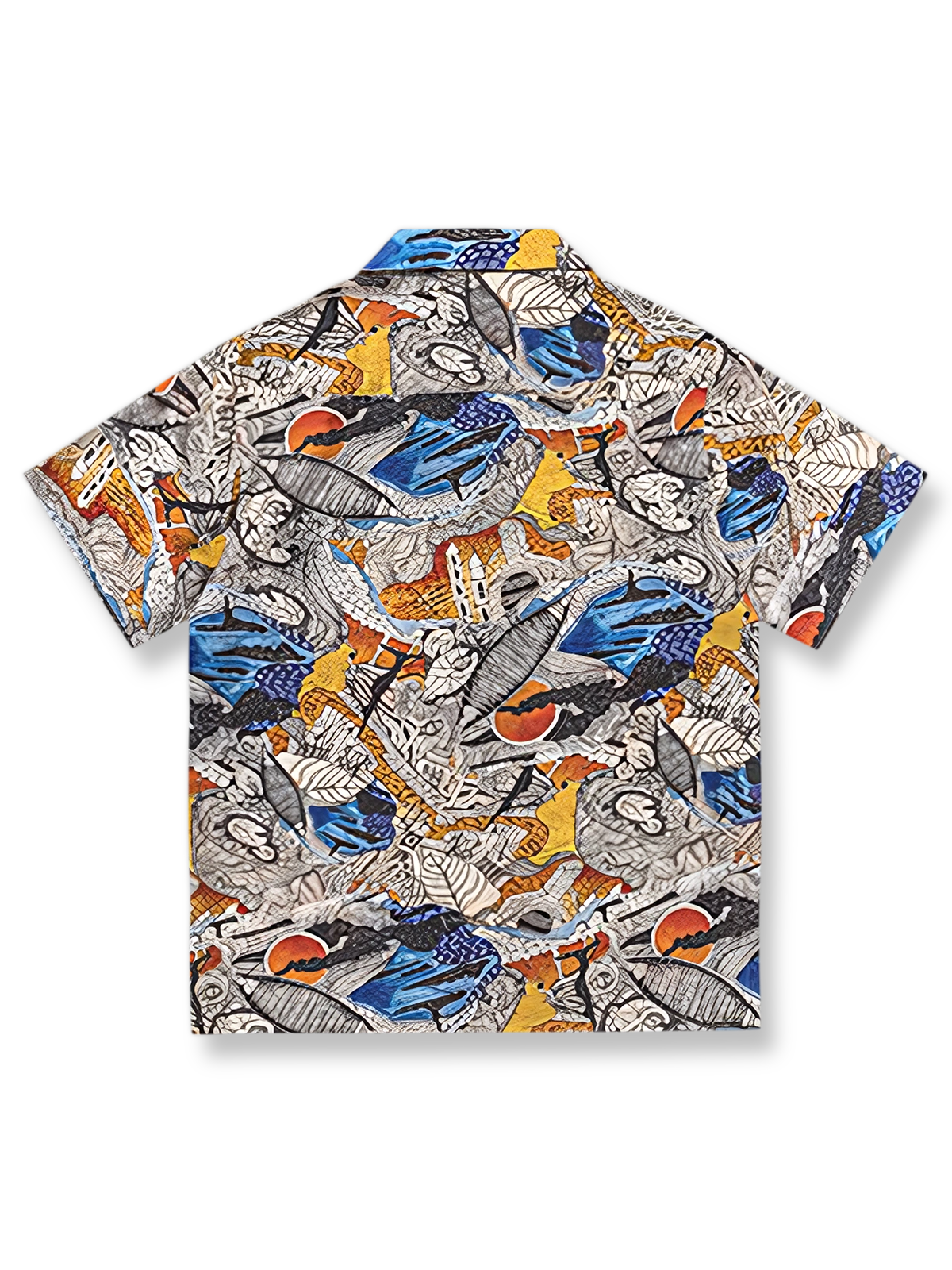 カラフルな熱帯魚のパターンを特徴とするハワイアンシャツの全体像を展示し、その鮮やかなデザインと明るい色合いを強調。