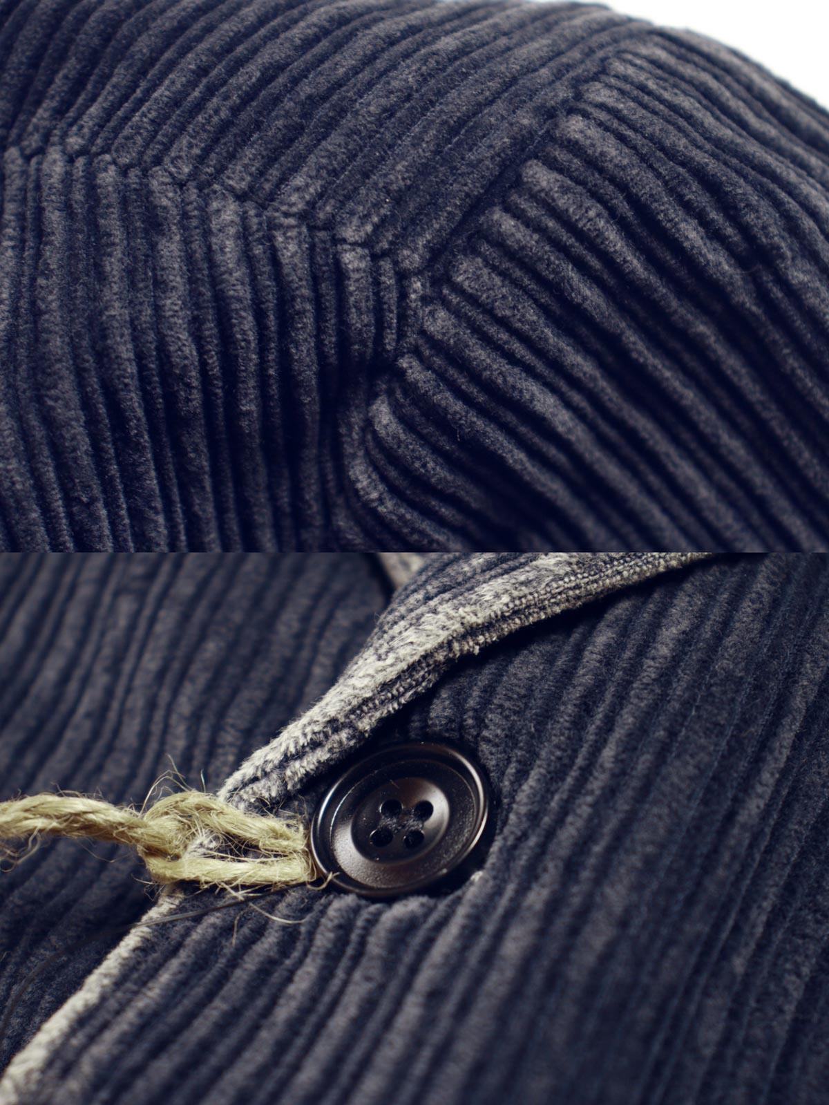 子母コーデュロイ生地と手作業によるヴィンテージ加工のディテール