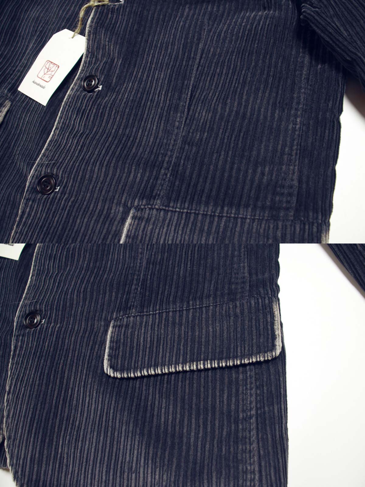 子母コーデュロイ生地と手作業によるヴィンテージ加工のディテール