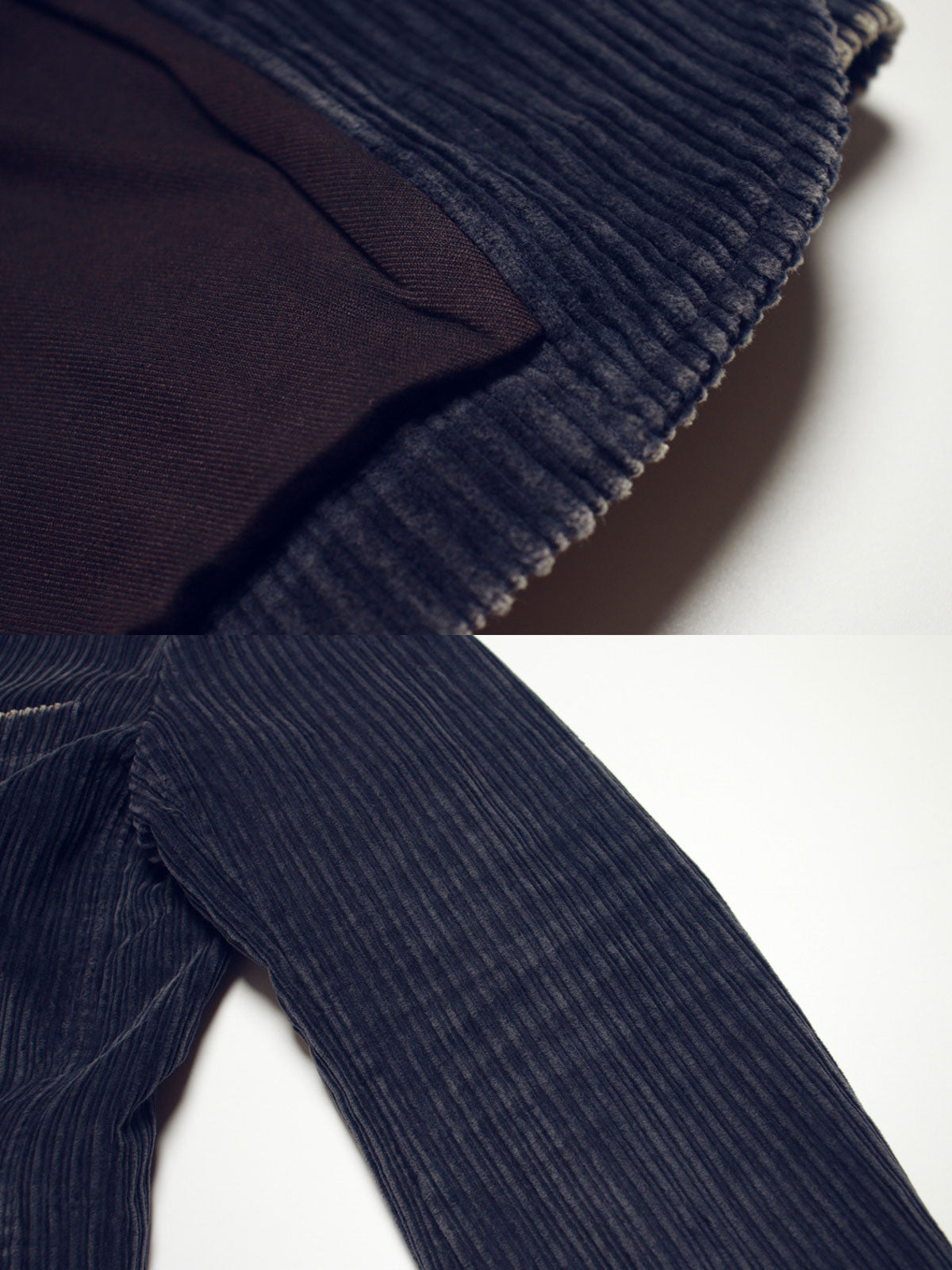 子母コーデュロイ生地と手作業によるヴィンテージ加工のディテール