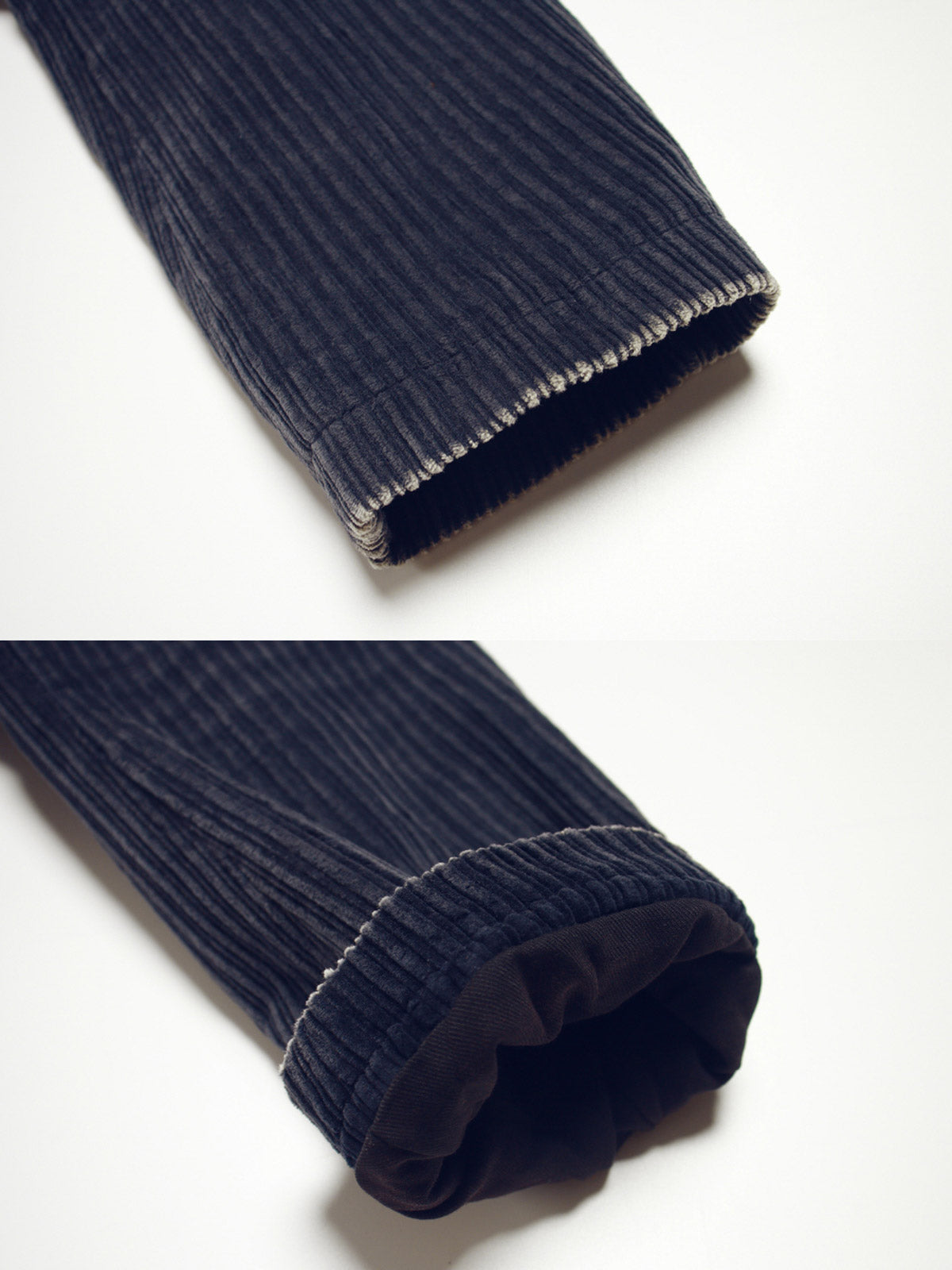 子母コーデュロイ生地と手作業によるヴィンテージ加工のディテール