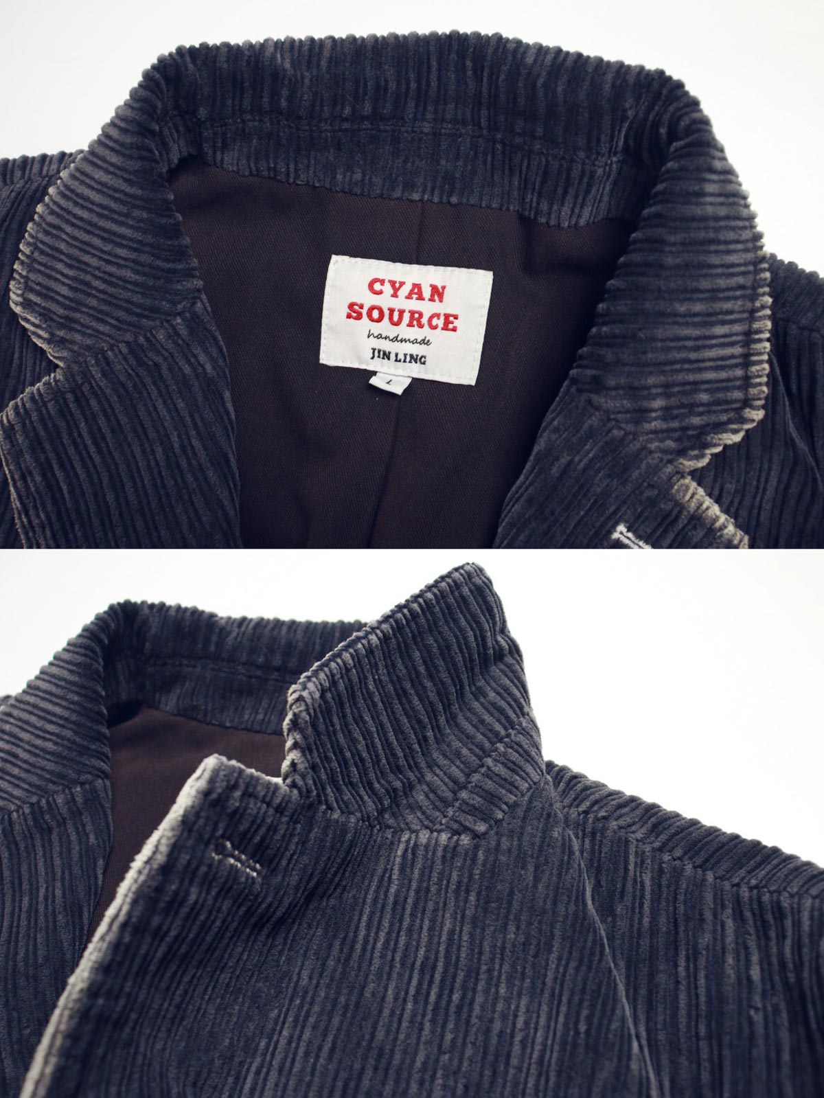 子母コーデュロイ生地と手作業によるヴィンテージ加工のディテール