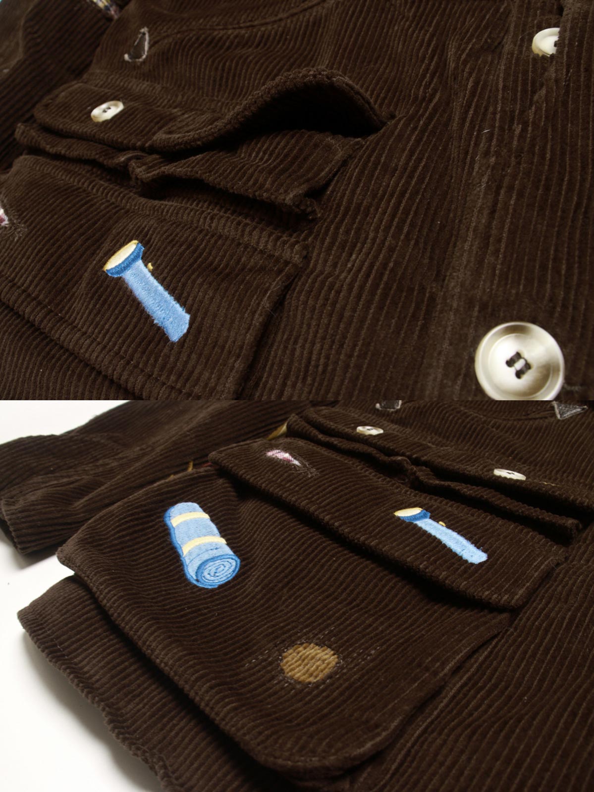 コットン刺繍とレザーパッチのディテール特写