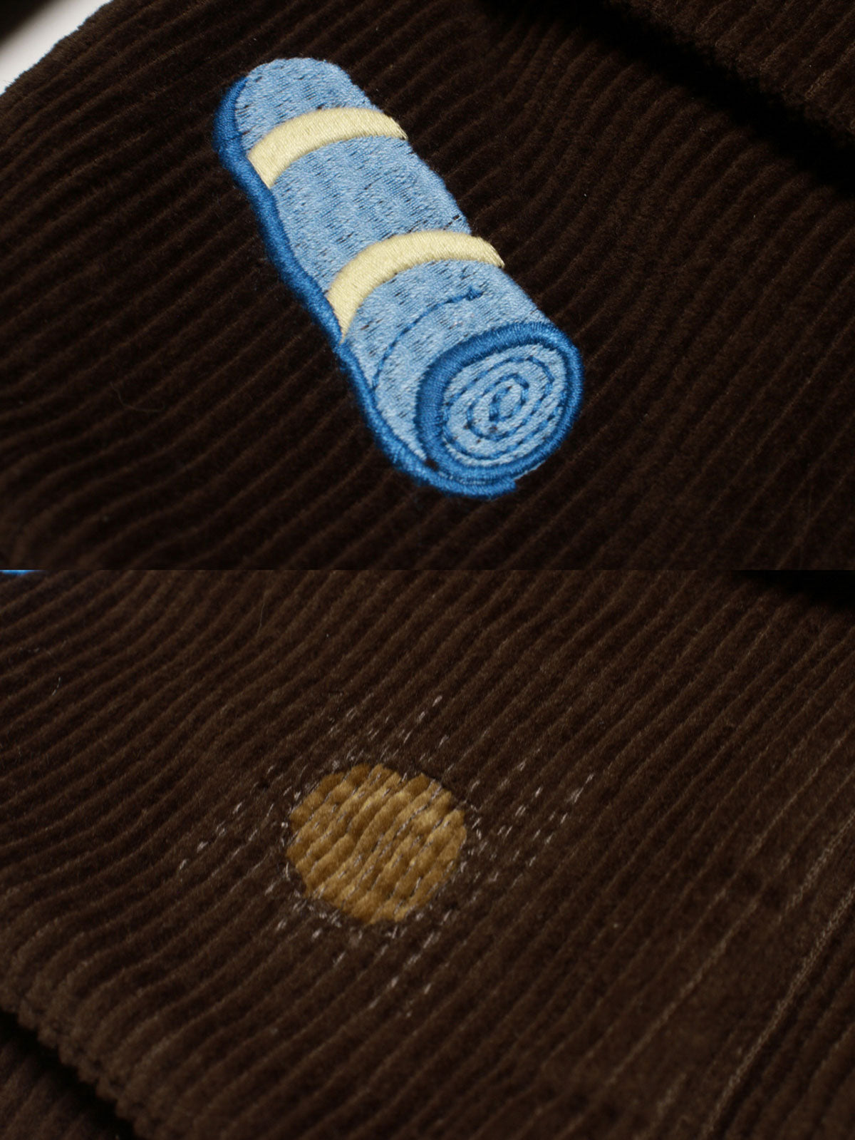 コットン刺繍とレザーパッチのディテール特写