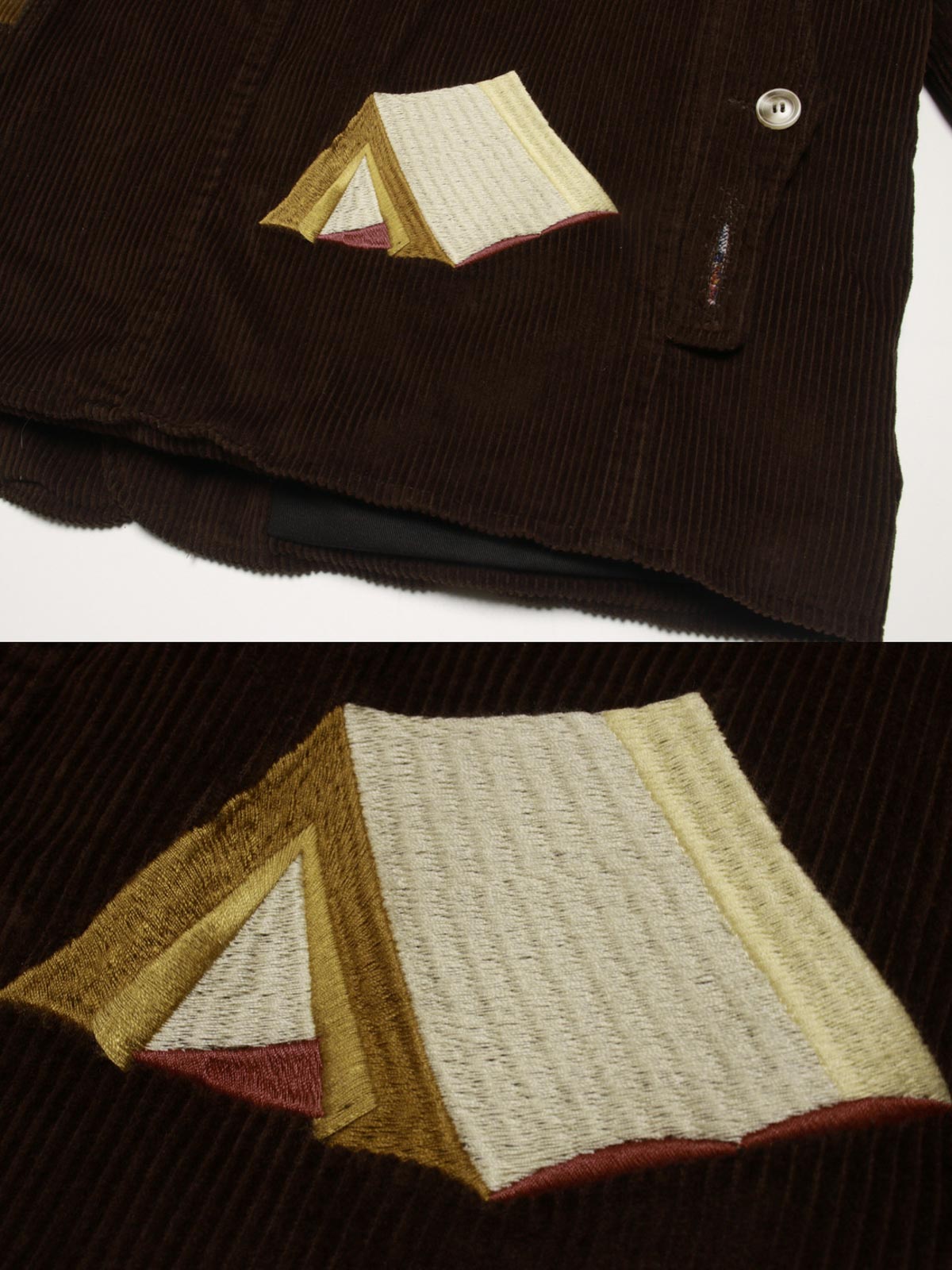 コットン刺繍とレザーパッチのディテール特写