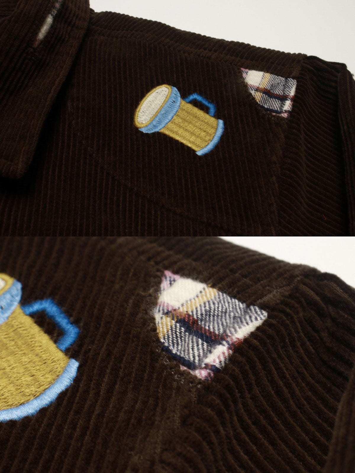 コットン刺繍とレザーパッチのディテール特写