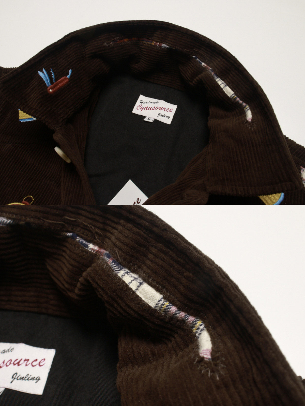 コットン刺繍とレザーパッチのディテール特写