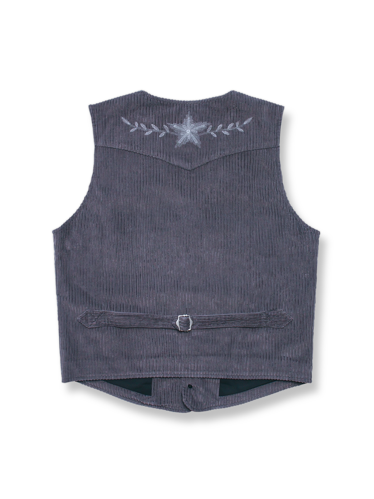 刺繍入り子母コーデュロイベスト、正面と背面の全体図